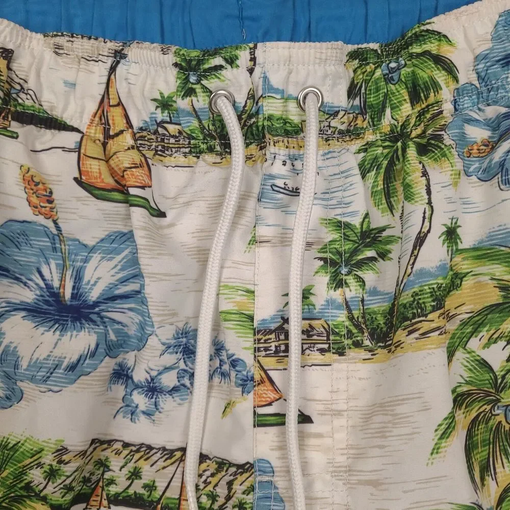 Croft &‎ Barrow Swim Trunks Mens Large White Hawaiian Floral Sailboat Palm Lined